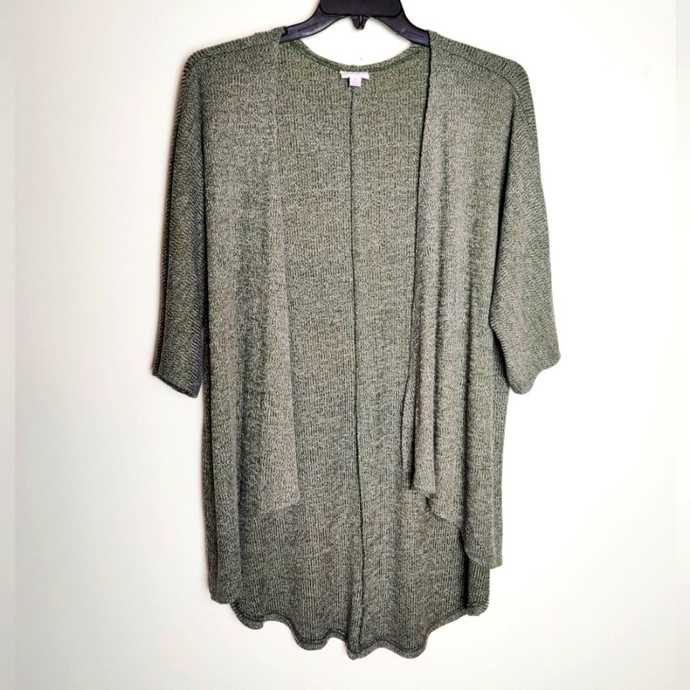 LuLaRoe Ribbed Knit Long Open Front Cardigan with Half Sleeves, Green, Size S